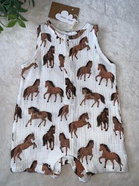 NWT Angel Dear Horses Sleeveless Shortie Romper 3-6M Organic Cotton